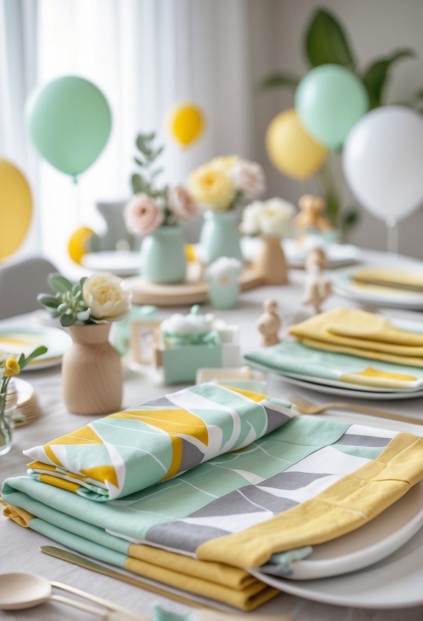 A baby shower table set with 18 folded geometric patterned napkins in soft pastel colors and matching decor items.