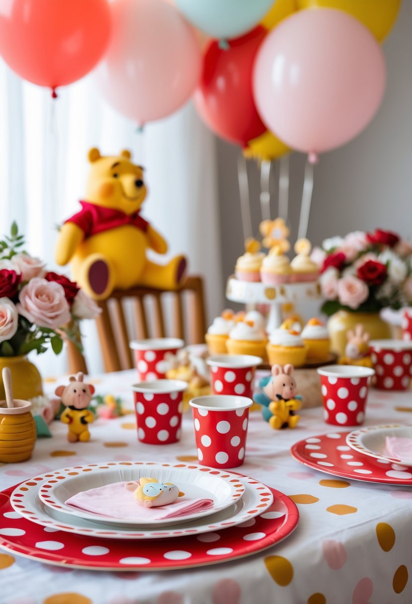 A baby shower table decorated with red polka dot plates and cups, Winnie the Pooh toys, balloons, and flowers.