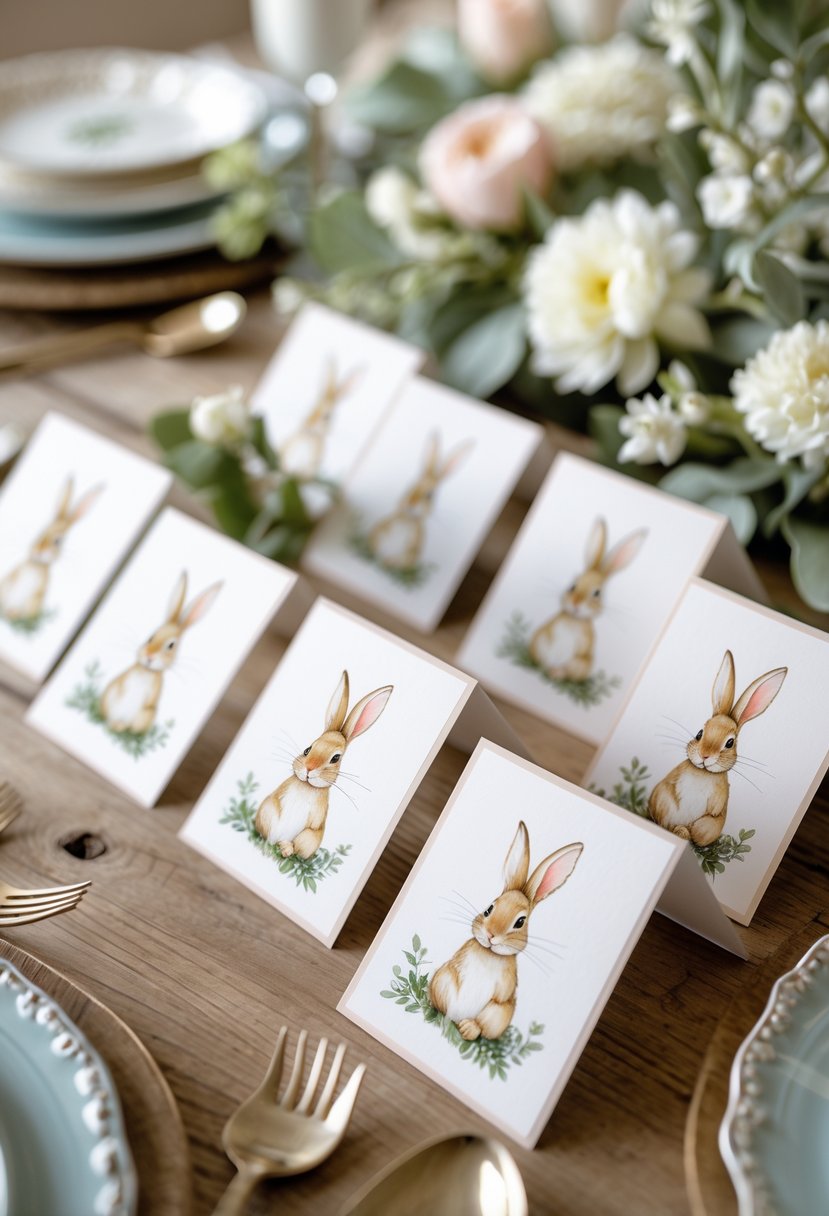 A table with personalized place cards featuring rabbit illustrations, surrounded by baby shower decorations including flowers and greenery.