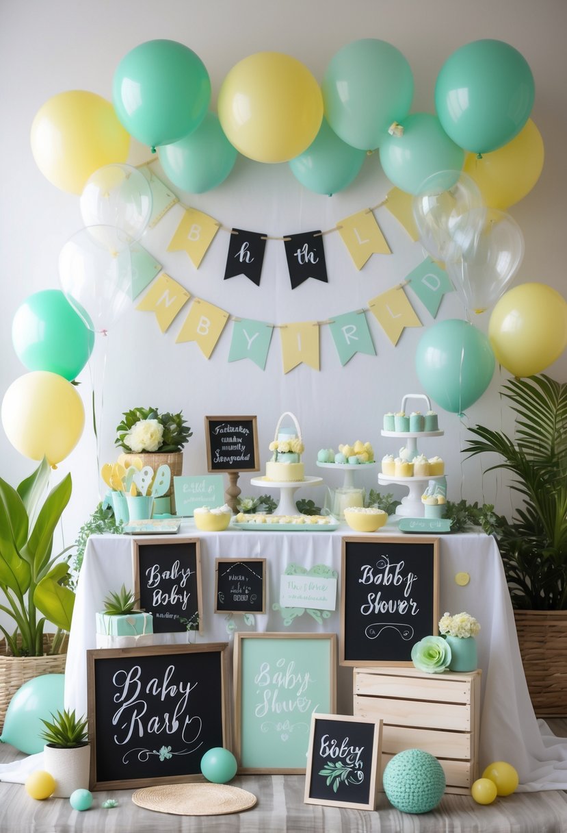 A baby shower table decorated with 18 small chalkboard signs and pastel-colored gender-neutral decorations including balloons, plants, and wooden accents.