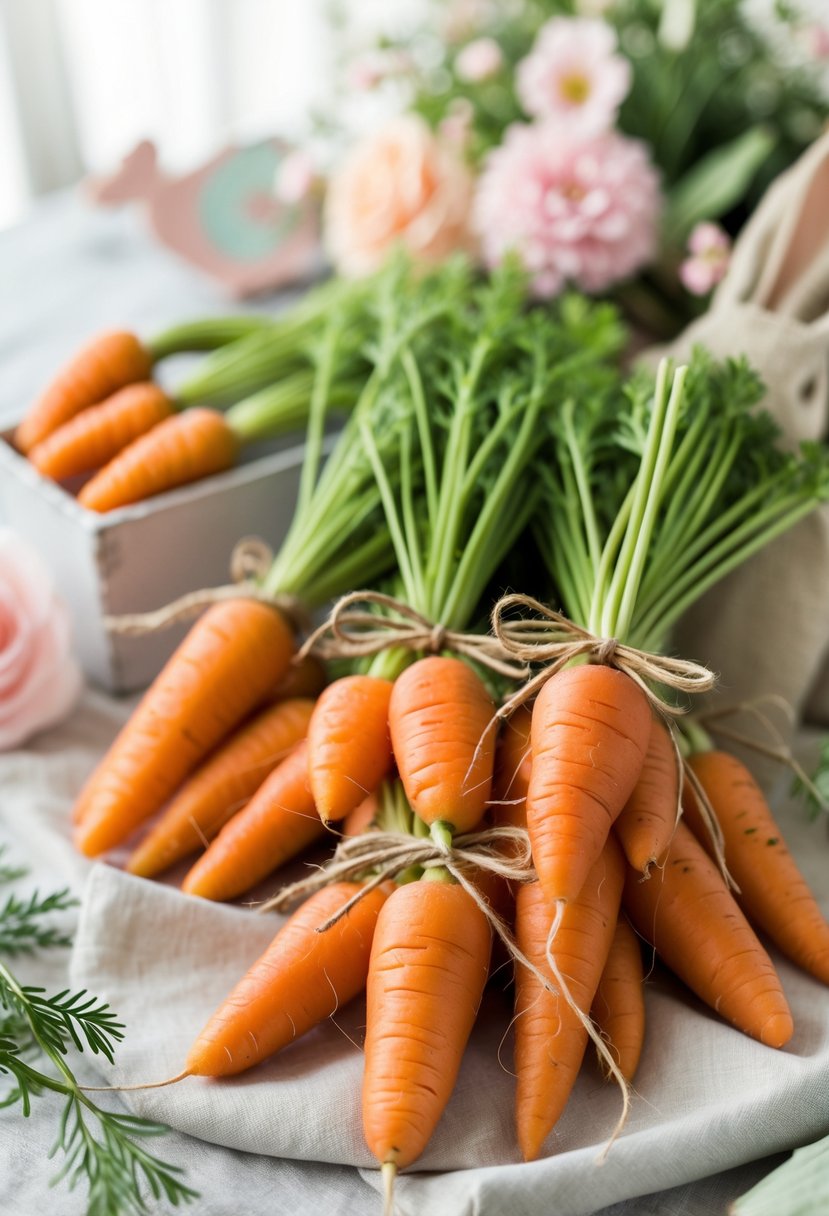 Miniature carrot bundles tied with twine arranged as baby shower favors with soft pastel decorations in the background.