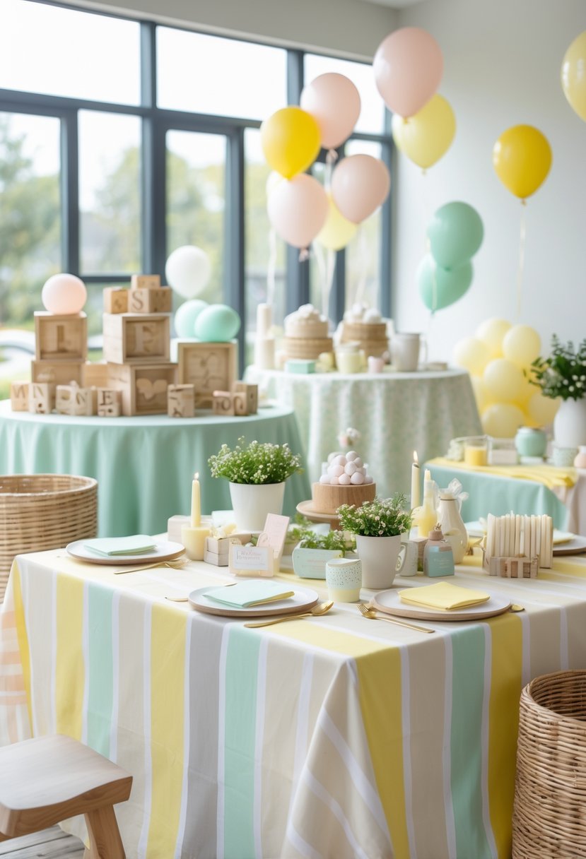 A baby shower setup with tables covered in striped cotton tablecloths and various gender-neutral decorations like balloons, plants, and wooden blocks arranged around them.