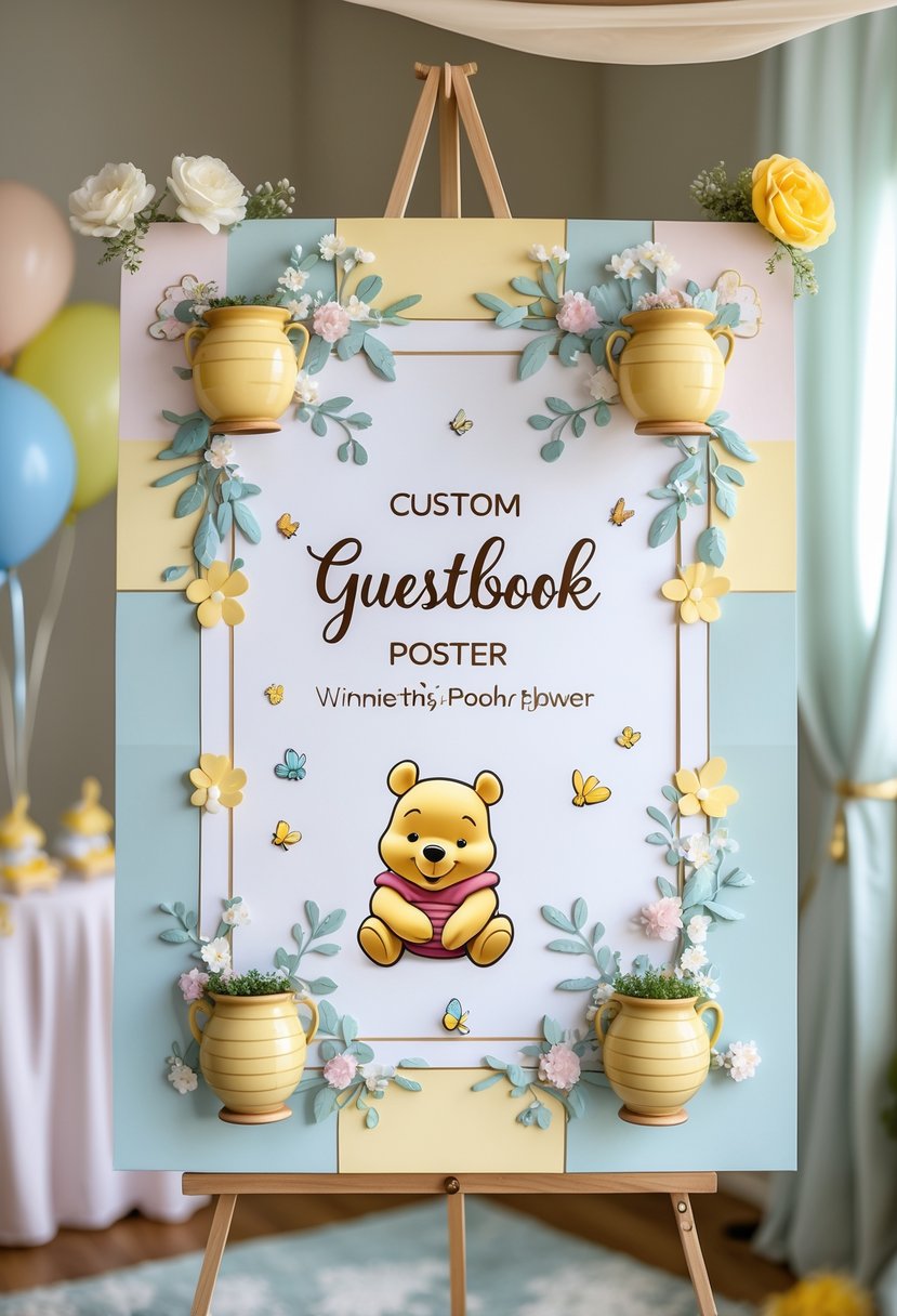 A custom guestbook poster featuring a cute baby Winnie the Pooh illustration surrounded by soft pastel colors and baby shower decorations.
