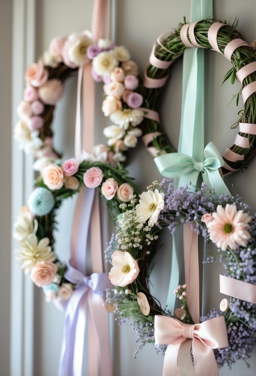 Floral wreaths with pastel ribbons hanging on a wall as baby shower decorations.