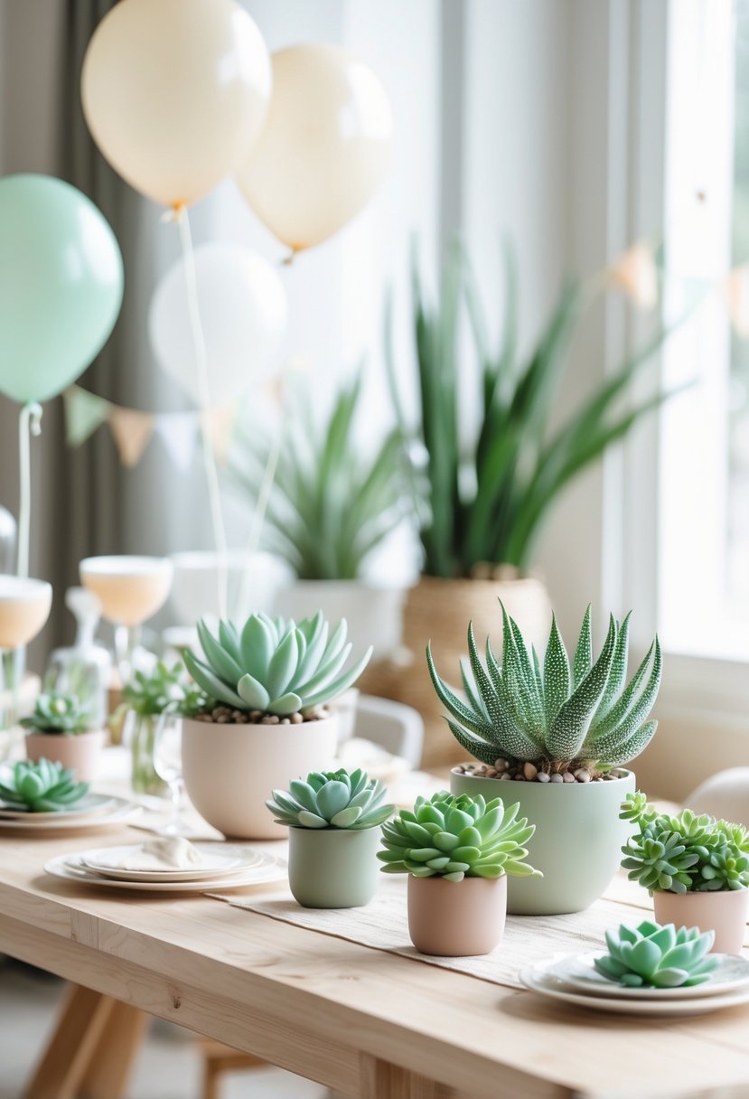 A table decorated with small succulent plants and neutral-colored baby shower decorations in a softly lit room.