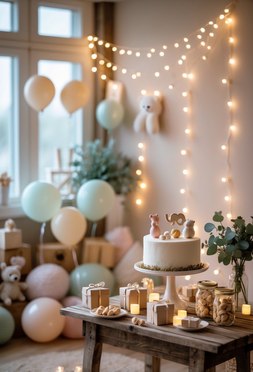 A cozy baby shower setup with warm white fairy lights, neutral decorations, balloons, wooden blocks, and a decorated table.