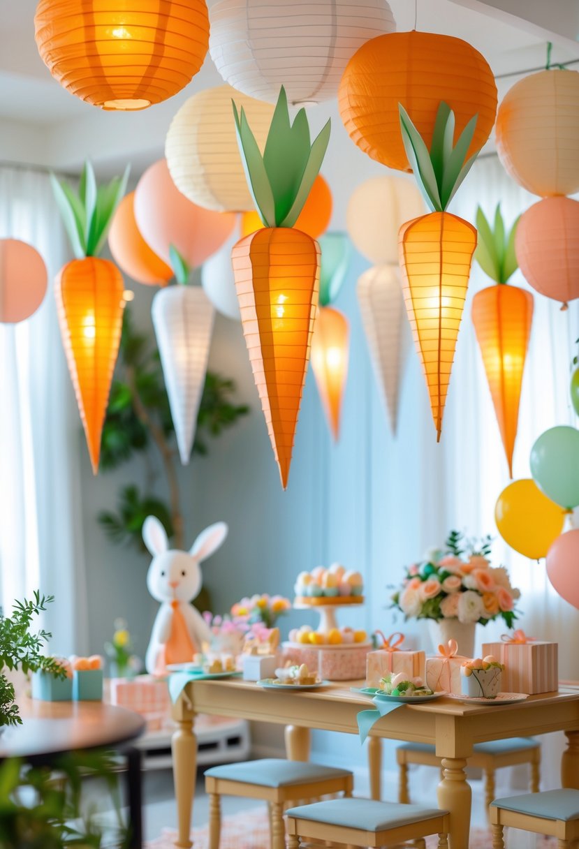 A decorated baby shower scene with paper lanterns shaped like carrots and rabbits hanging from the ceiling, surrounded by balloons, flowers, and a festive table.