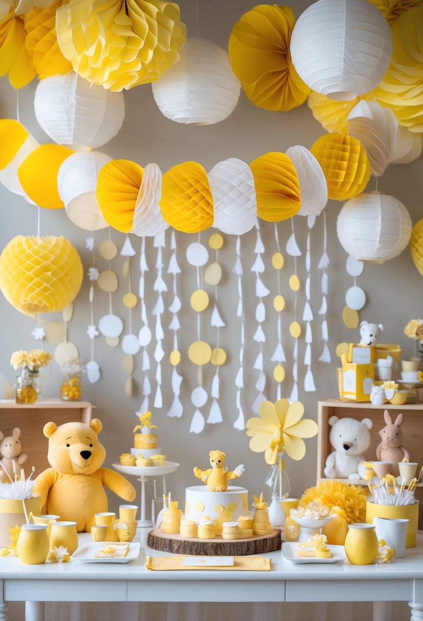 A baby shower scene with yellow and white paper garlands and Winnie the Pooh themed decorations.