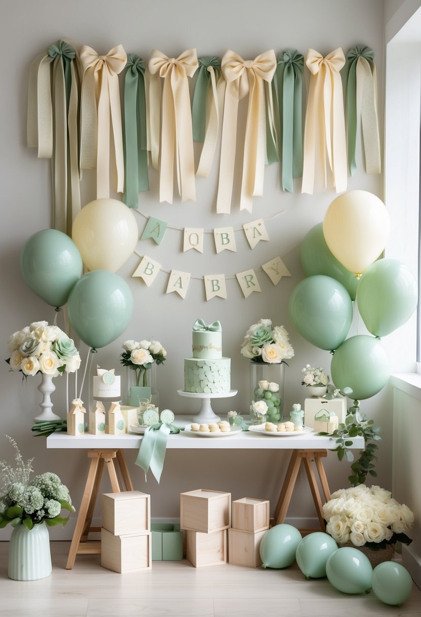 A display of cream and sage green ribbons and baby shower decorations arranged on tables and walls, including garlands, bows, balloons, and floral accents.