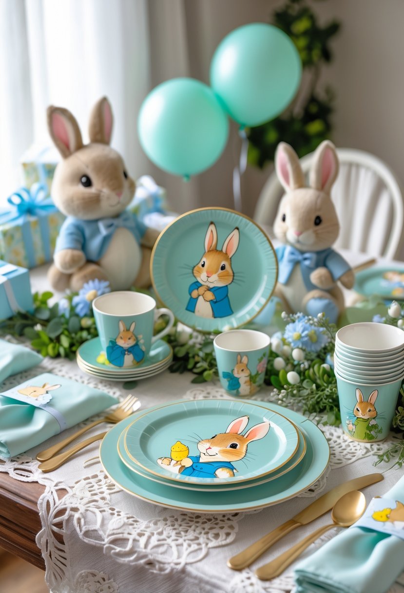 A baby shower table set with Peter Rabbit themed plates, cups, napkins, balloons, floral decorations, and small plush toys.