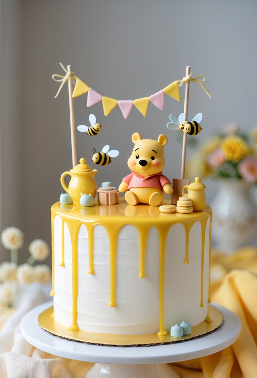 A white frosted cake with golden honey dripping down and a cute Winnie the Pooh themed topper with honey pots and bees, set against a soft pastel background.