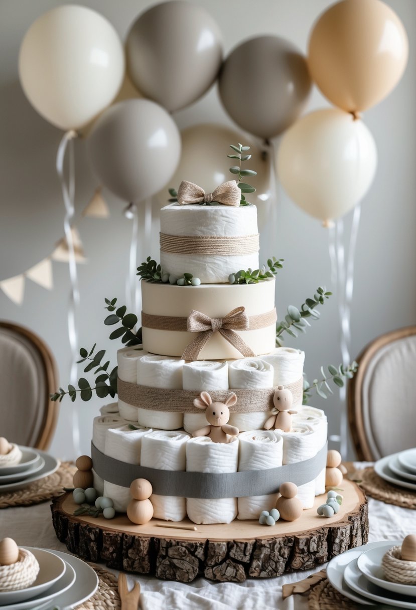 A neutral colored diaper cake decorated with greenery and wooden toys on a table with matching baby shower decorations.
