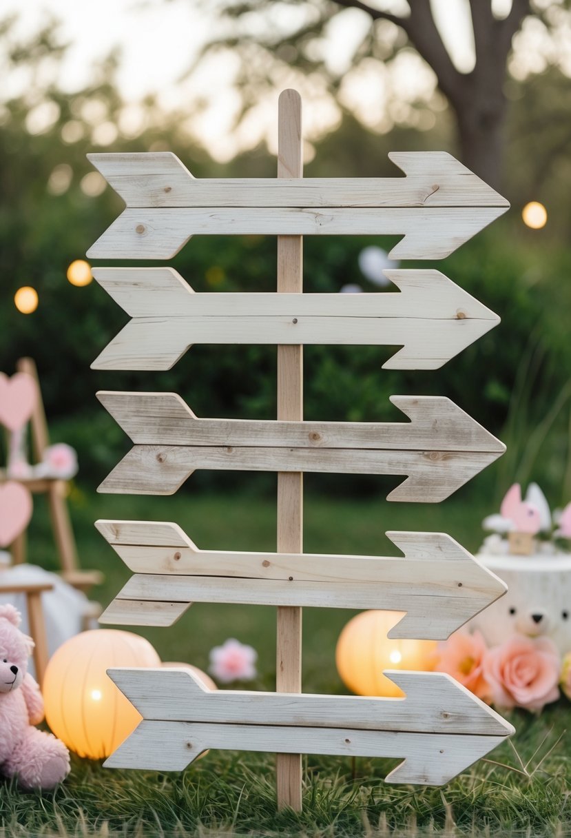 Wooden arrow signs arranged outdoors surrounded by pastel baby shower decorations and soft greenery.