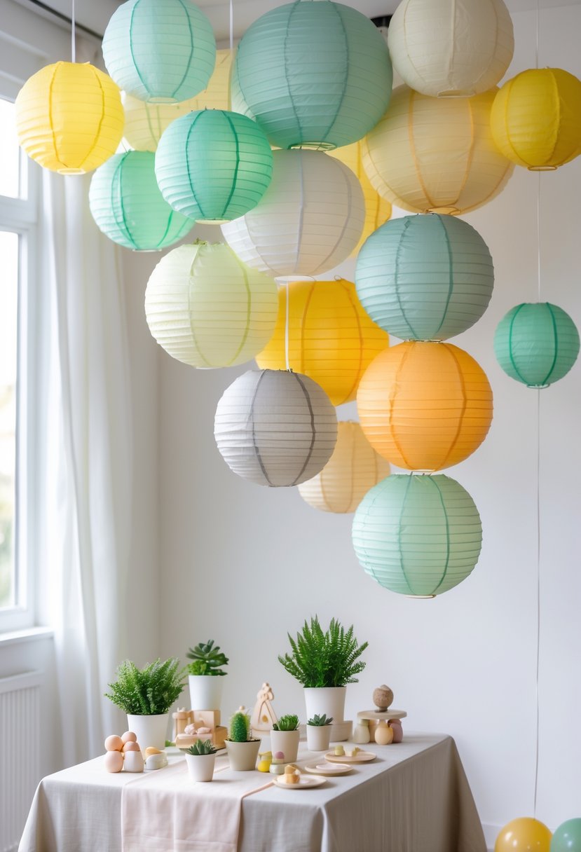Indoor baby shower scene with clusters of pastel-colored paper lanterns hanging from the ceiling above a decorated table with neutral baby shower decorations.