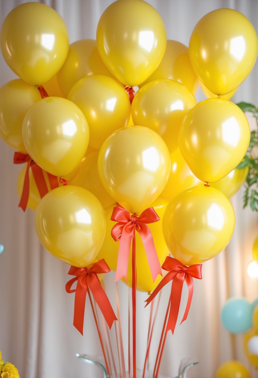 Clusters of yellow balloons tied with red ribbons arranged for a baby shower celebration.