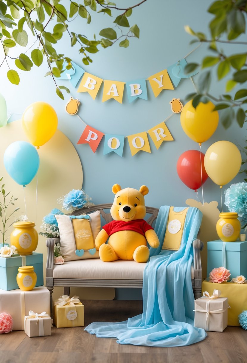 A maternity photo shoot setup decorated with Winnie the Pooh plush toys, balloons, honey pots, and baby shower decorations in soft pastel colors.