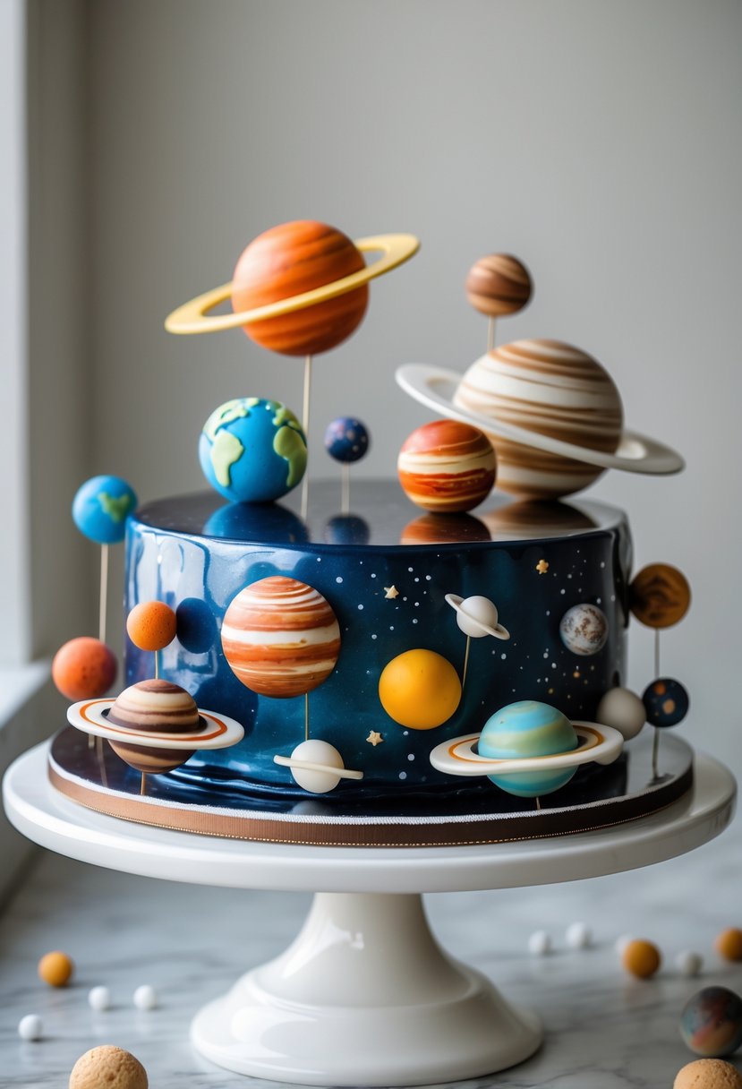 A mirror-glazed cake decorated with 17 colorful edible planets arranged on top, displayed on a white cake stand.