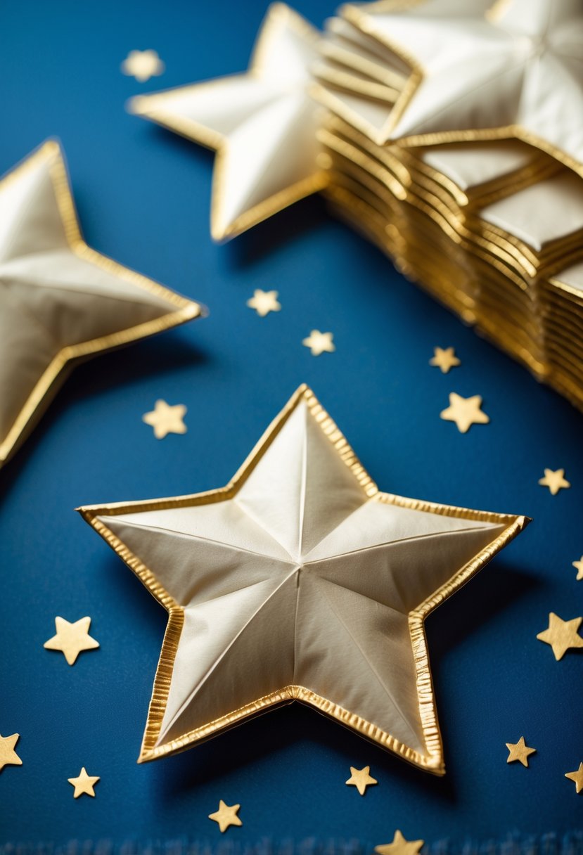 Gold star-shaped napkins arranged on a blue background for a baby shower decoration.