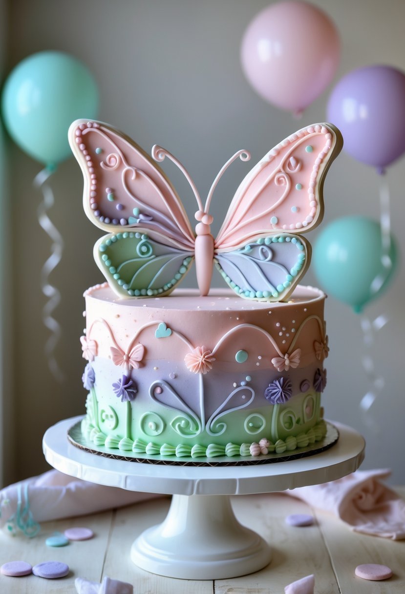 Butterfly-shaped pastel-colored cake decorated for a baby shower on a white cake stand with soft lighting.