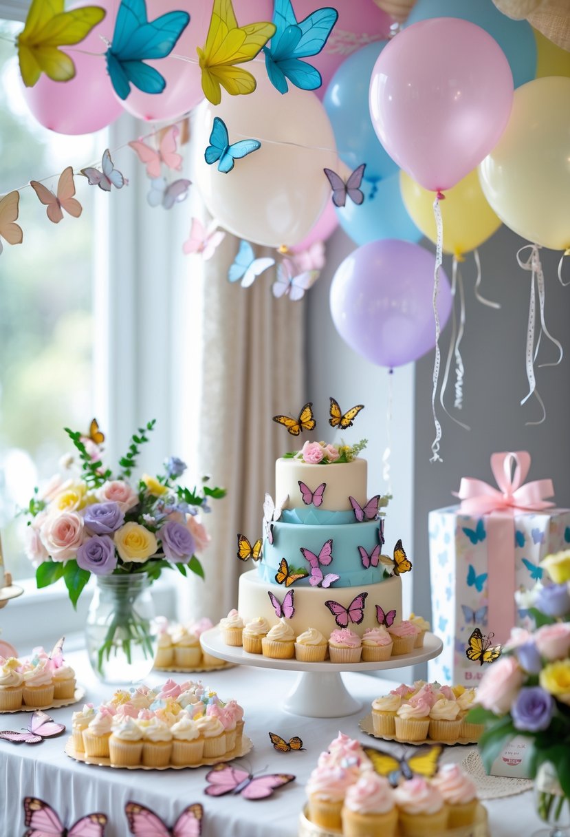 A baby shower setup with butterfly decorations including garlands, balloons, flowers, and a cake with butterfly designs.