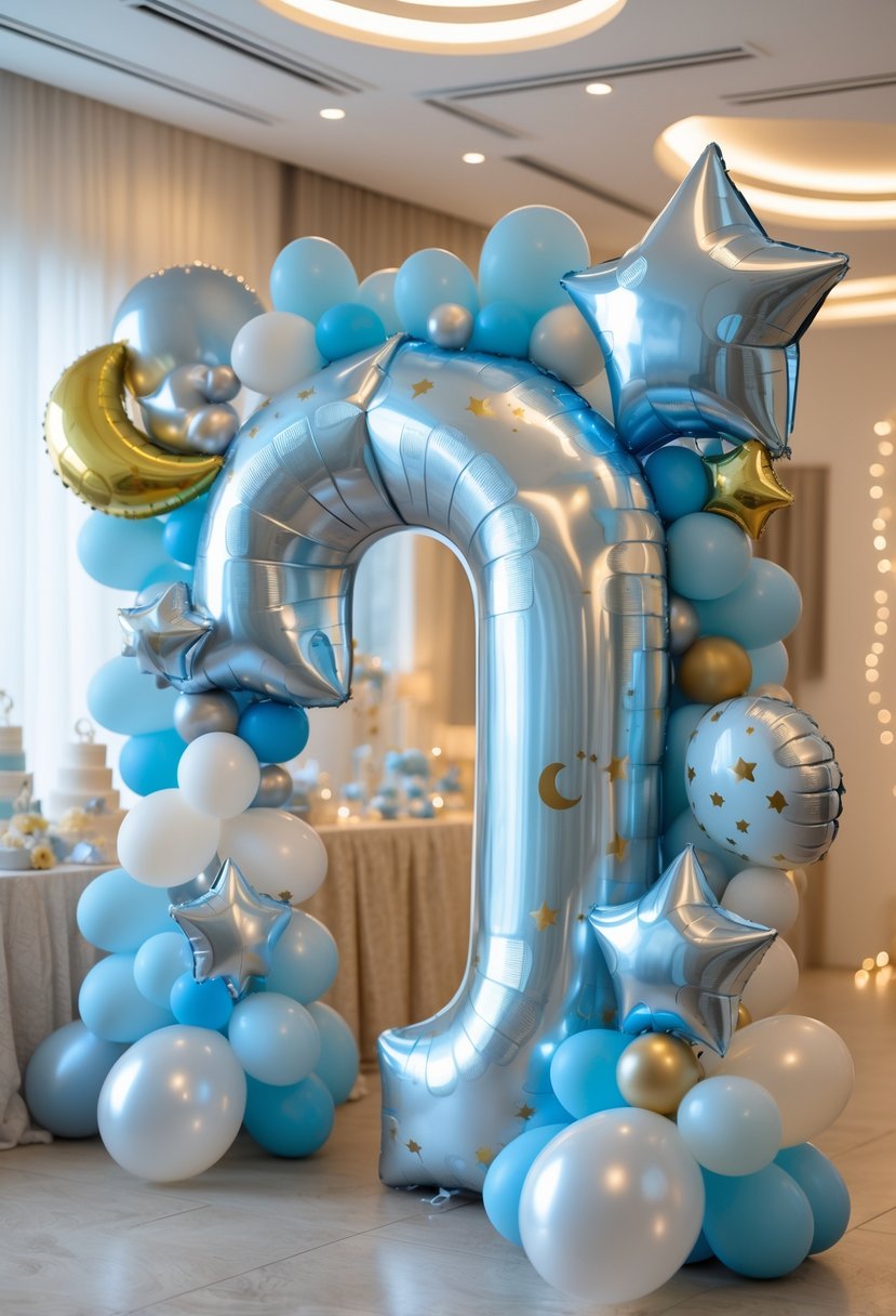 A baby shower setup with a balloon arch shaped like the number 15 decorated with moon and star balloons in pastel colors, surrounded by themed decorations and gifts.