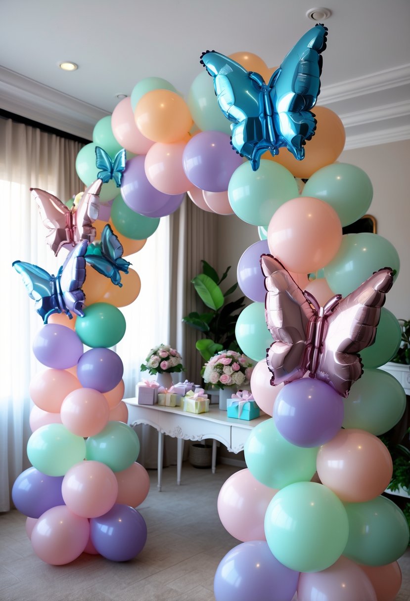 A colorful balloon arch decorated with butterfly-shaped and pastel balloons over a baby shower table with gifts and flowers.