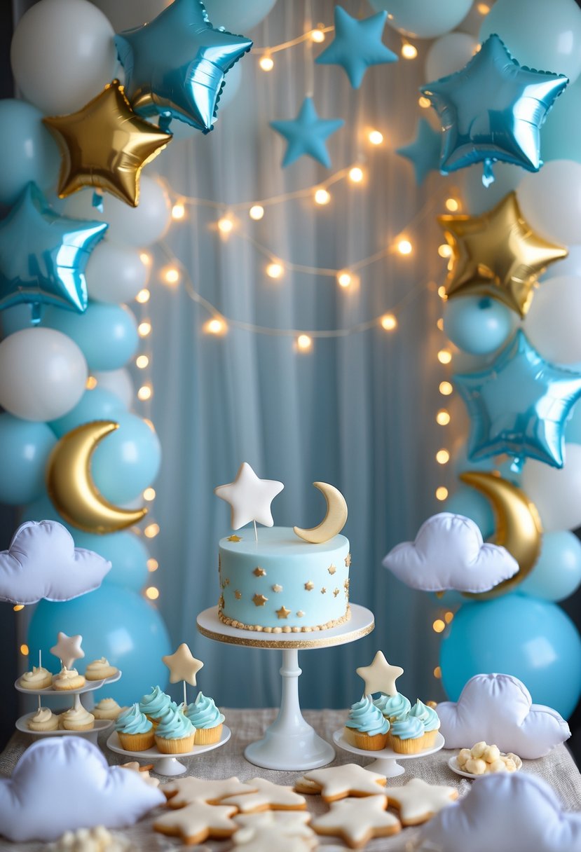 A baby shower setup with star and moon decorations, balloons, fairy lights, and a table with themed treats.