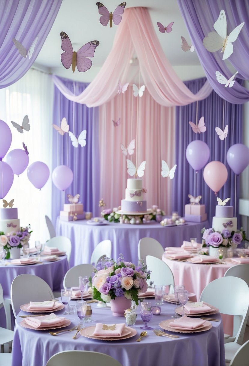 A baby shower decorated with lavender, pink, and white butterflies, flowers, balloons, and table settings.