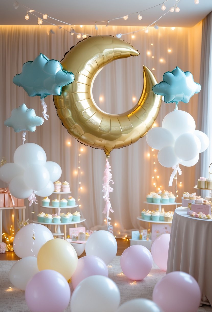A baby shower decorated with cloud-shaped helium balloons and a crescent moon balloon centerpiece surrounded by pastel decorations and soft lighting.