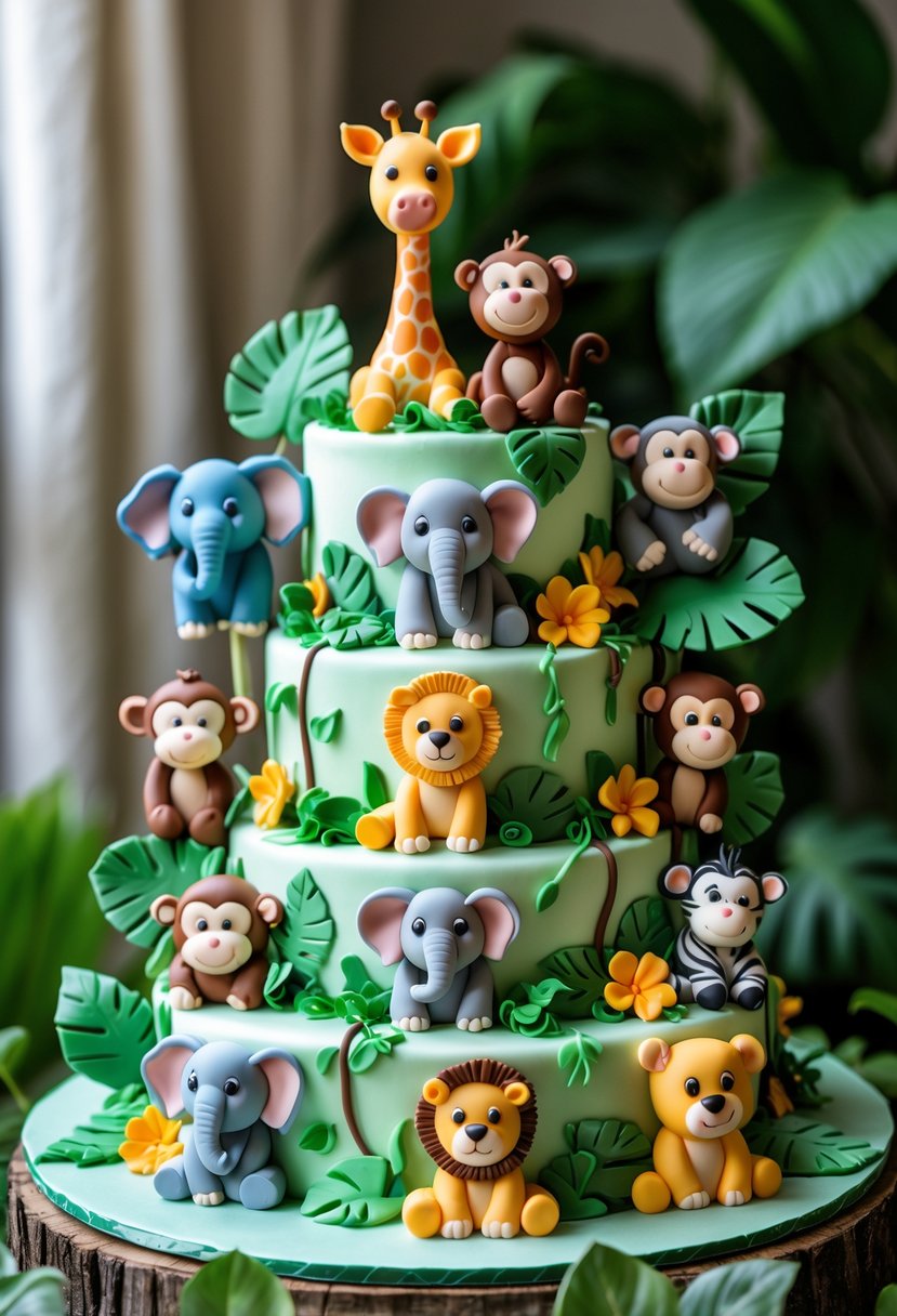 A multi-tiered jungle animal themed baby shower cake decorated with colorful fondant figures of various baby jungle animals and tropical leaves.