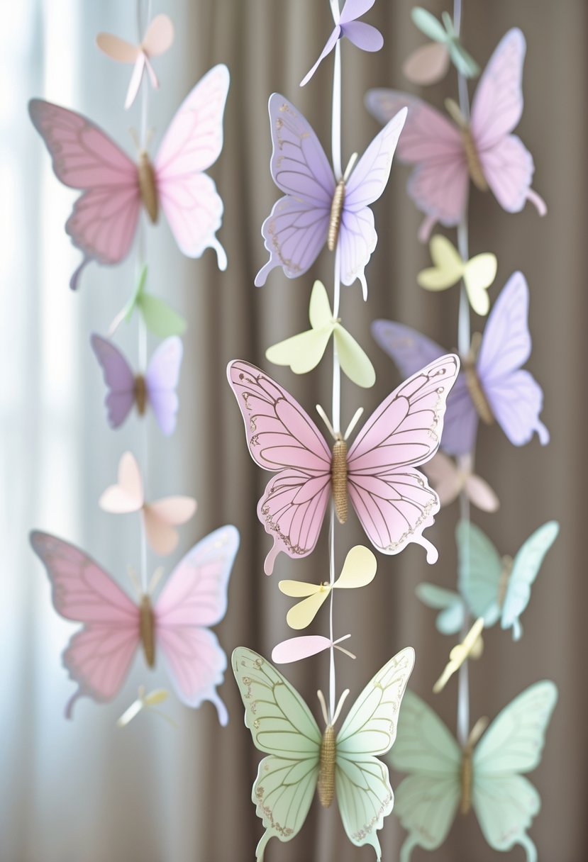 A hanging garland with sixteen colorful 3D butterflies displayed against a soft background.