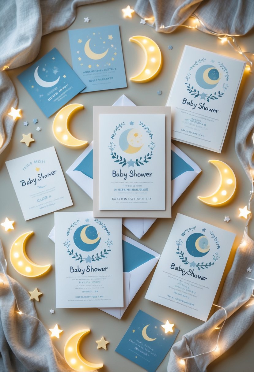 A set of moon and stars themed baby shower invitations surrounded by star confetti and crescent moon decorations on a soft neutral background.