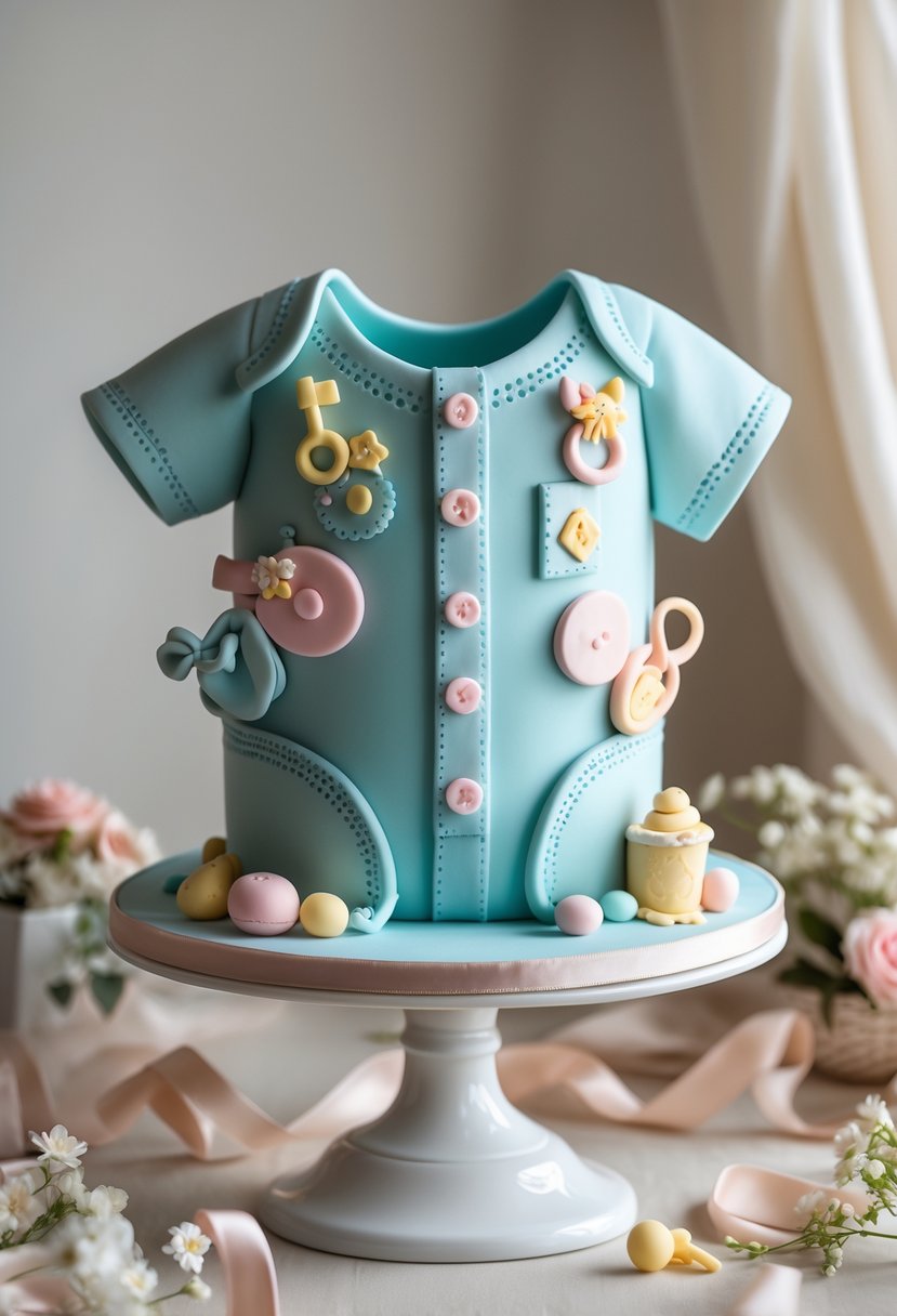 A cake shaped like a baby onesie decorated with baby-themed details on a white cake stand surrounded by baby shower decorations.