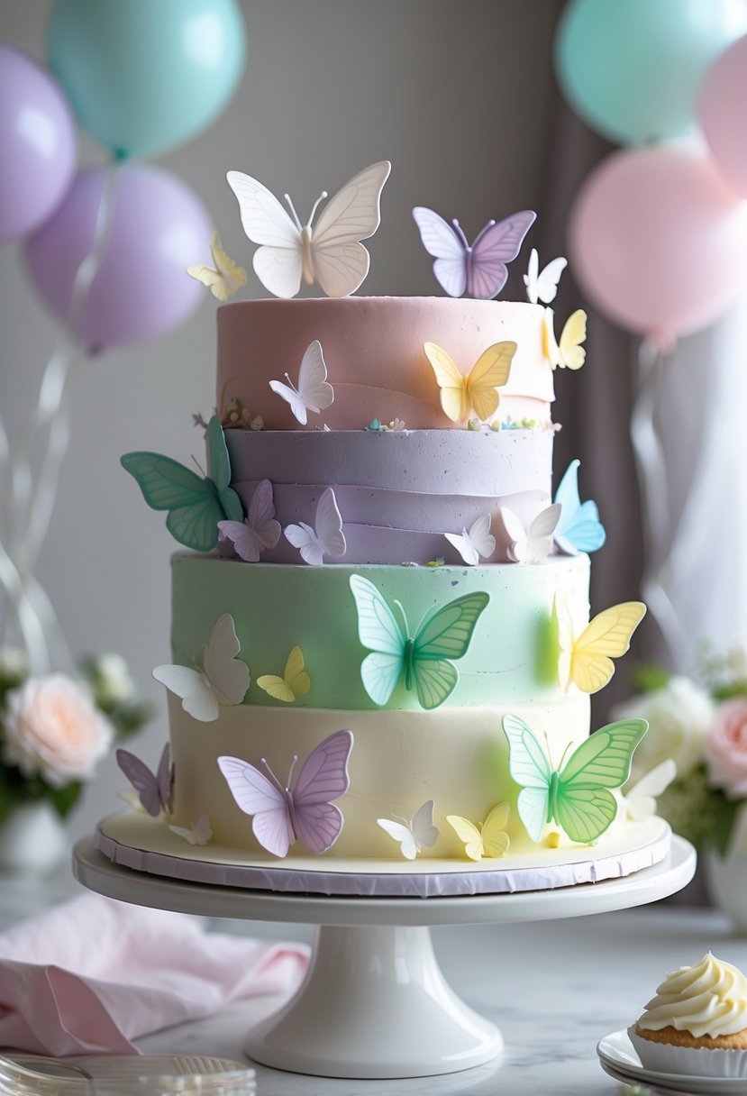 A baby shower cake decorated with colorful edible butterflies on a white cake stand with soft pastel colors.