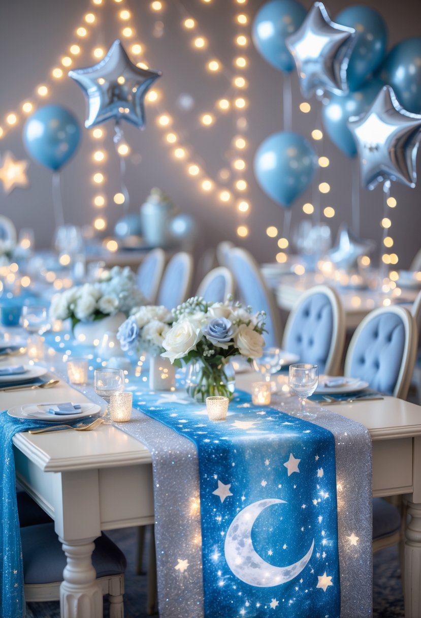 A baby shower setup with shimmering celestial-themed table runners, star and moon decorations, balloons, and soft pastel colors creating a dreamy atmosphere.