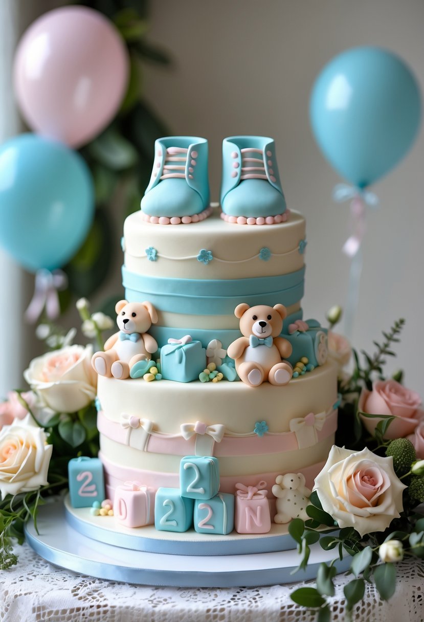 Dual-tiered baby shower cake decorated with pastel colors and twin-themed decorations, surrounded by flowers on a table.