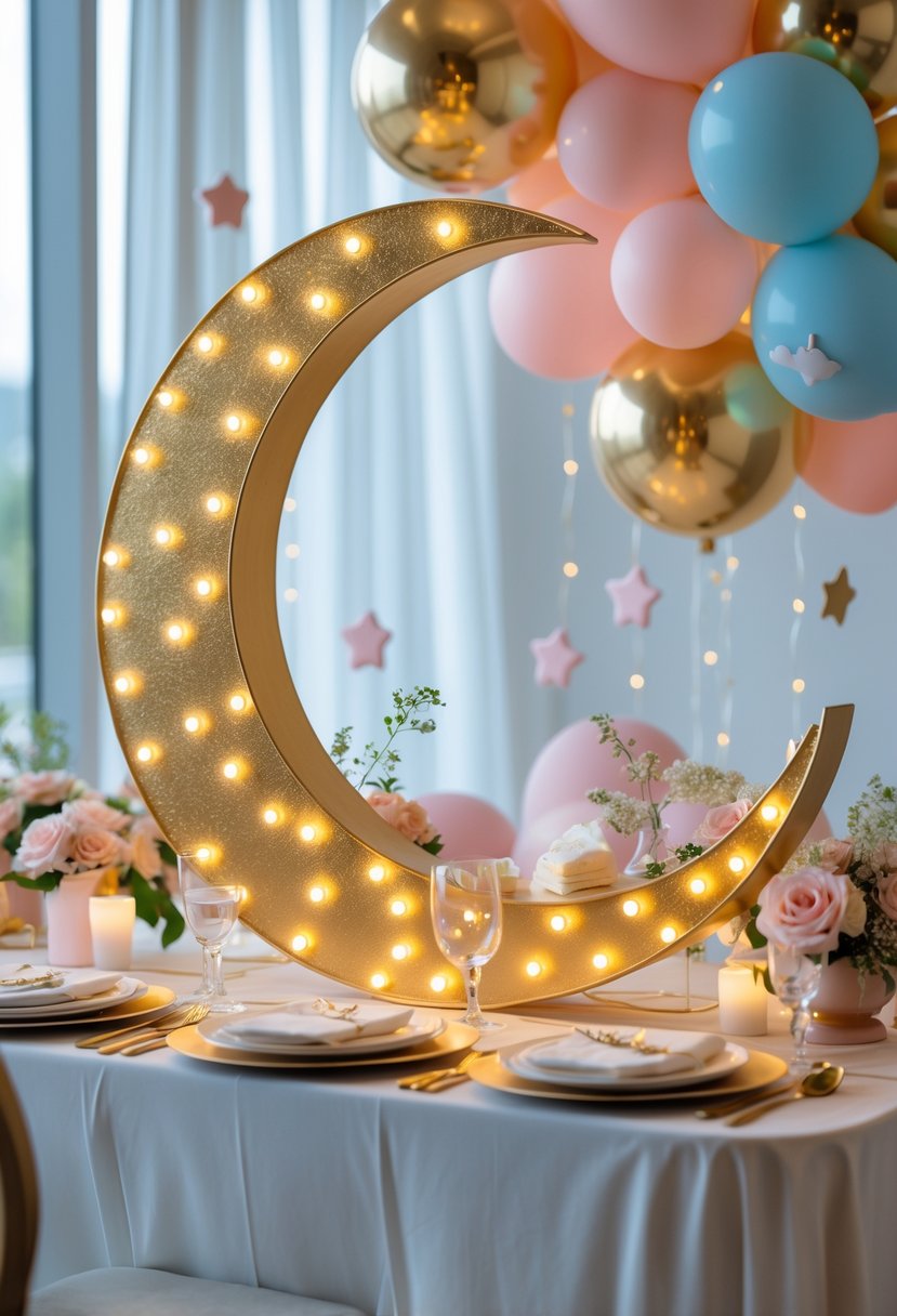 A gold moon-shaped centerpiece with LED lights on a decorated baby shower table with balloons and floral arrangements.