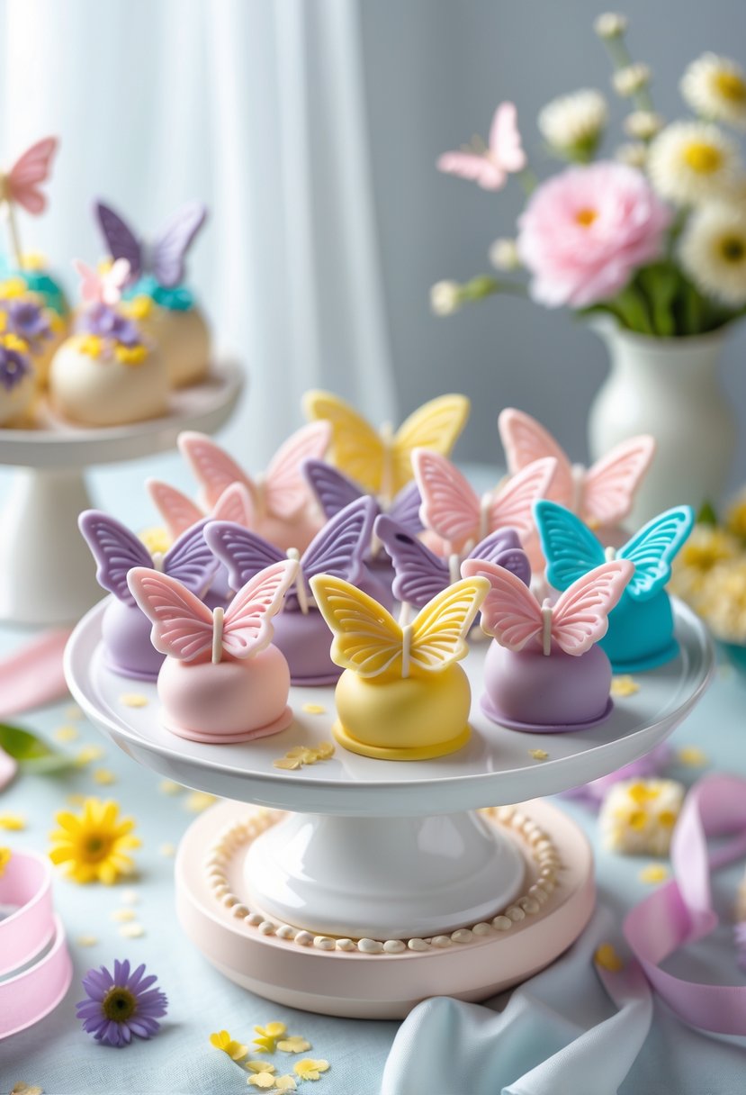 A platter of pastel-colored butterfly-shaped cake pops arranged on a baby shower table with floral decorations.