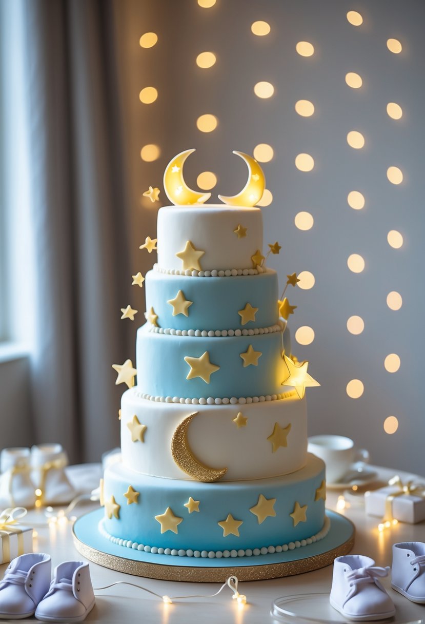 A multi-tiered baby shower cake decorated with pastel blue and white fondant, golden stars, and crescent moons on a decorated table.