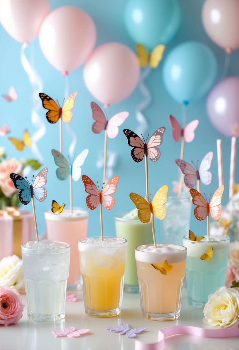 Sixteen colorful butterfly drink toppers on glasses surrounded by baby shower decorations.