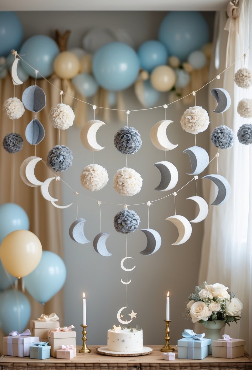 A moon phase garland hanging above a decorated table at a baby shower with balloons, flowers, and a cake.