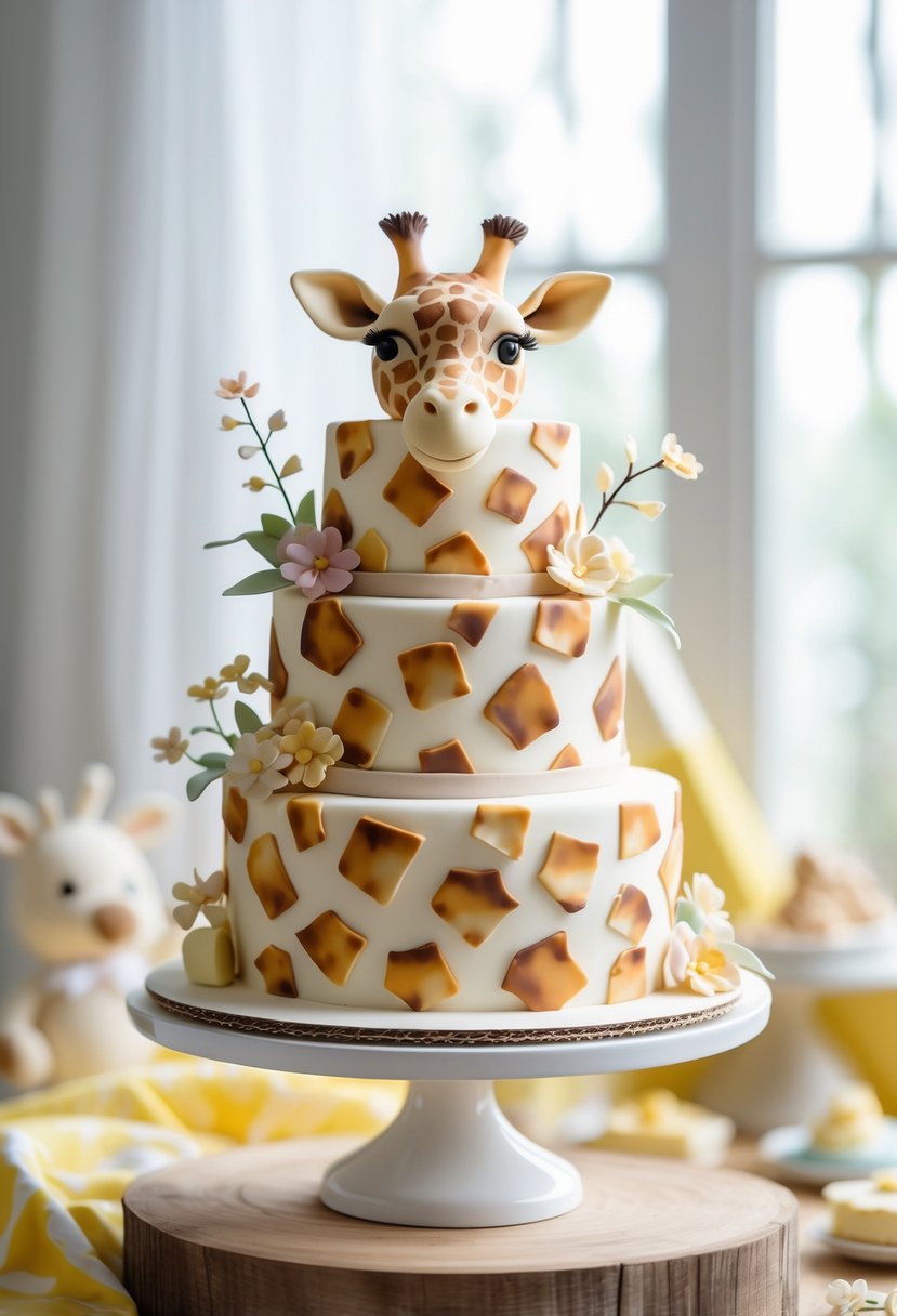 A giraffe-themed baby shower cake with fondant spots on a cake stand surrounded by baby shower decorations.