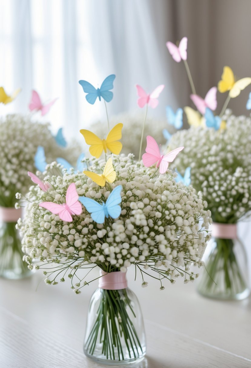 Several baby’s breath flower bouquets decorated with colorful butterfly picks arranged on a table.
