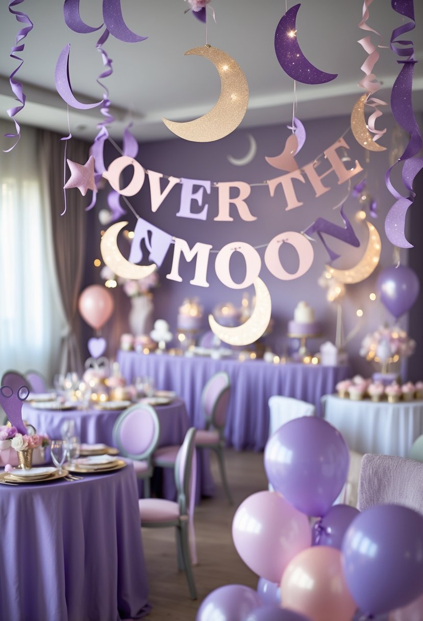 A baby shower decorated with purple and pink crescent moon banners, balloons, and star-themed decorations.