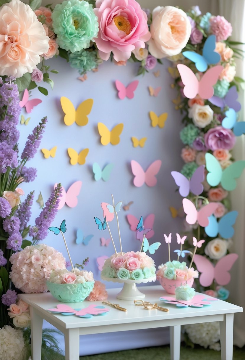 A baby shower photo booth decorated with butterfly cutouts, floral arrangements, and butterfly-themed props on a table.