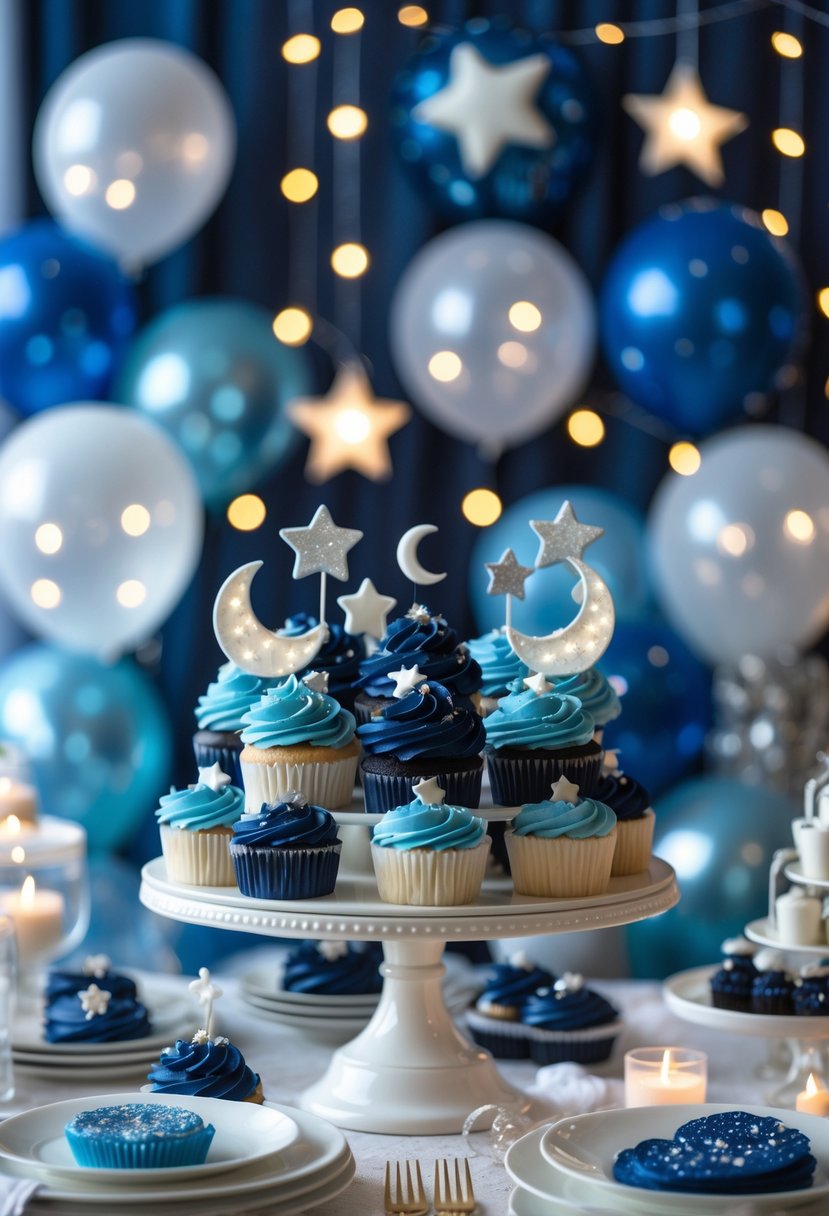 A table with starry night themed cupcakes decorated with blue frosting and edible stars, surrounded by moon and star baby shower decorations.