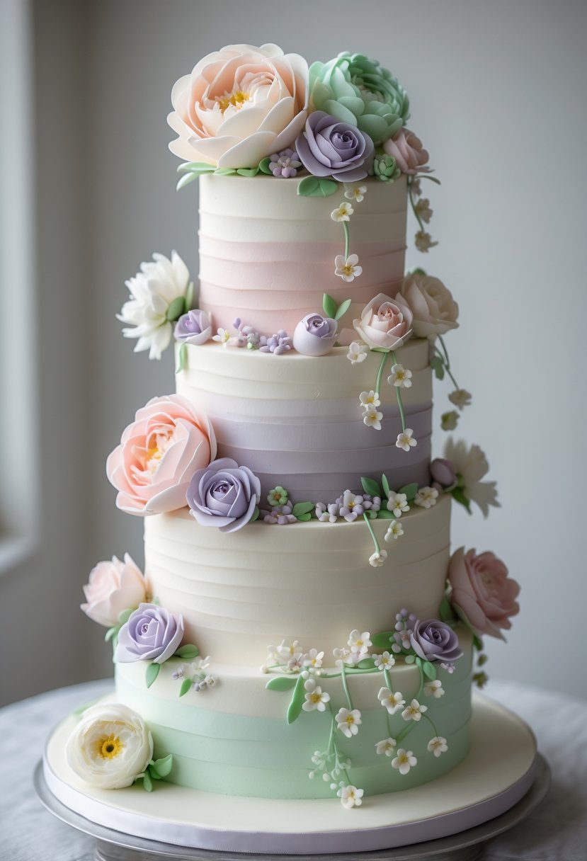 A multi-tiered baby shower cake decorated with cascading pastel sugar flowers on a white cake stand.