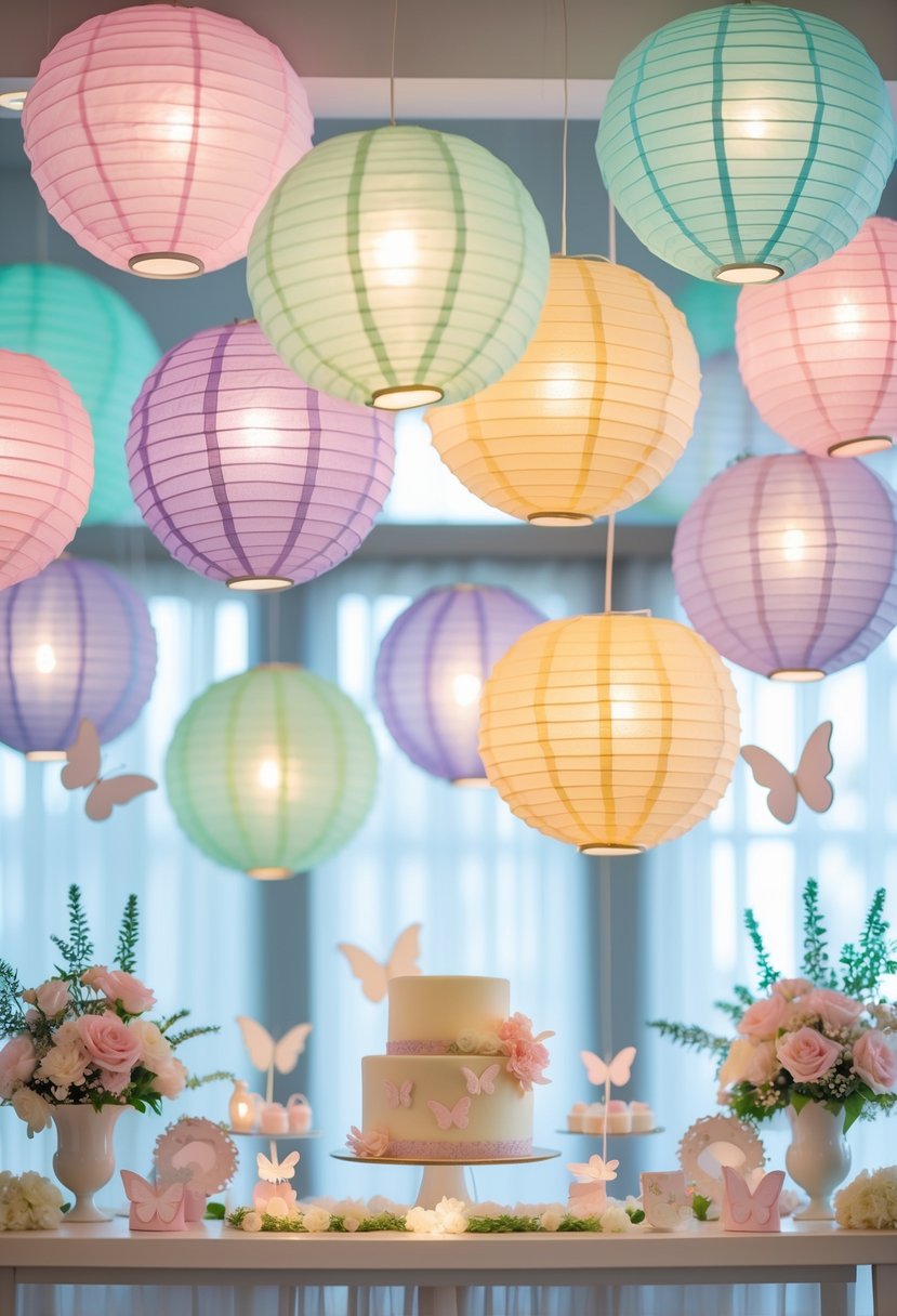 Colorful butterfly-shaped paper lanterns hanging above a decorated baby shower table with flowers and a cake.