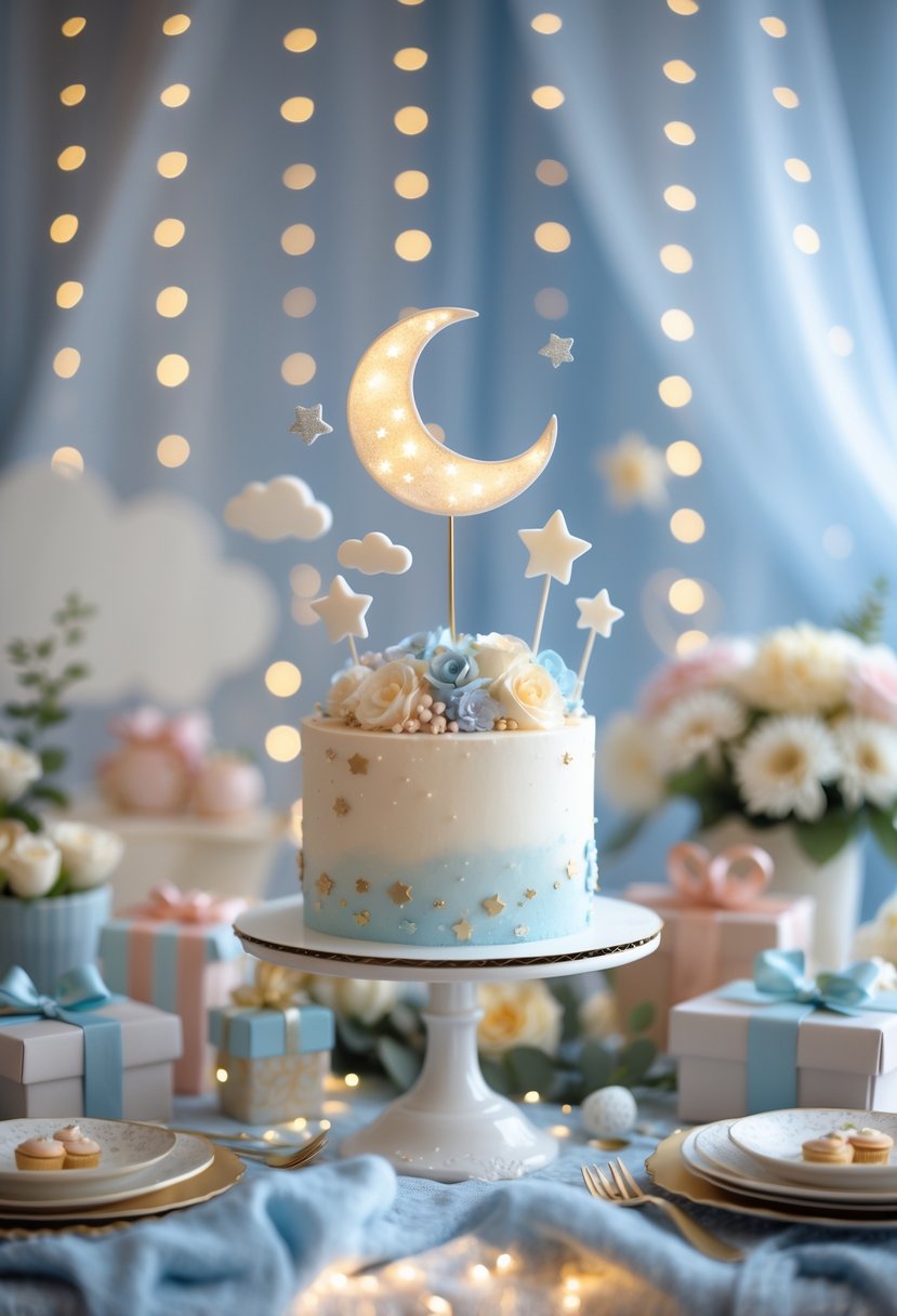 A baby shower table with a cake topped by a moon-shaped decoration surrounded by stars, clouds, and pastel-colored decorations.
