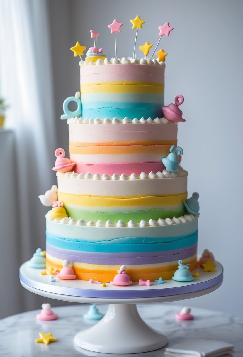 A tall rainbow ombre layered cake with 17 colorful layers decorated with baby-themed fondant accents on a white cake stand against a plain background.
